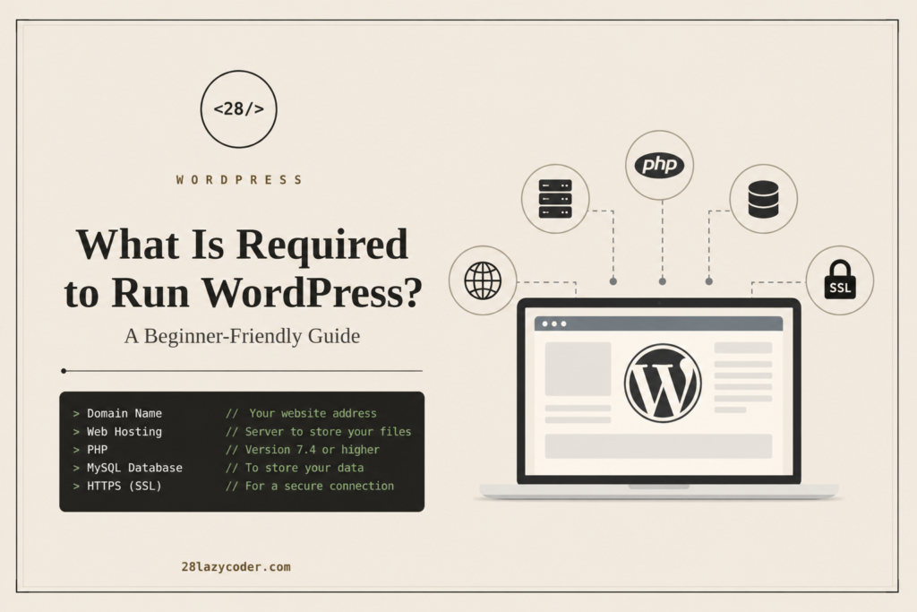Learn everything you need to run a WordPress website, including hosting, domain, PHP, MySQL, SSL, and recommended server requirements for the best performance.