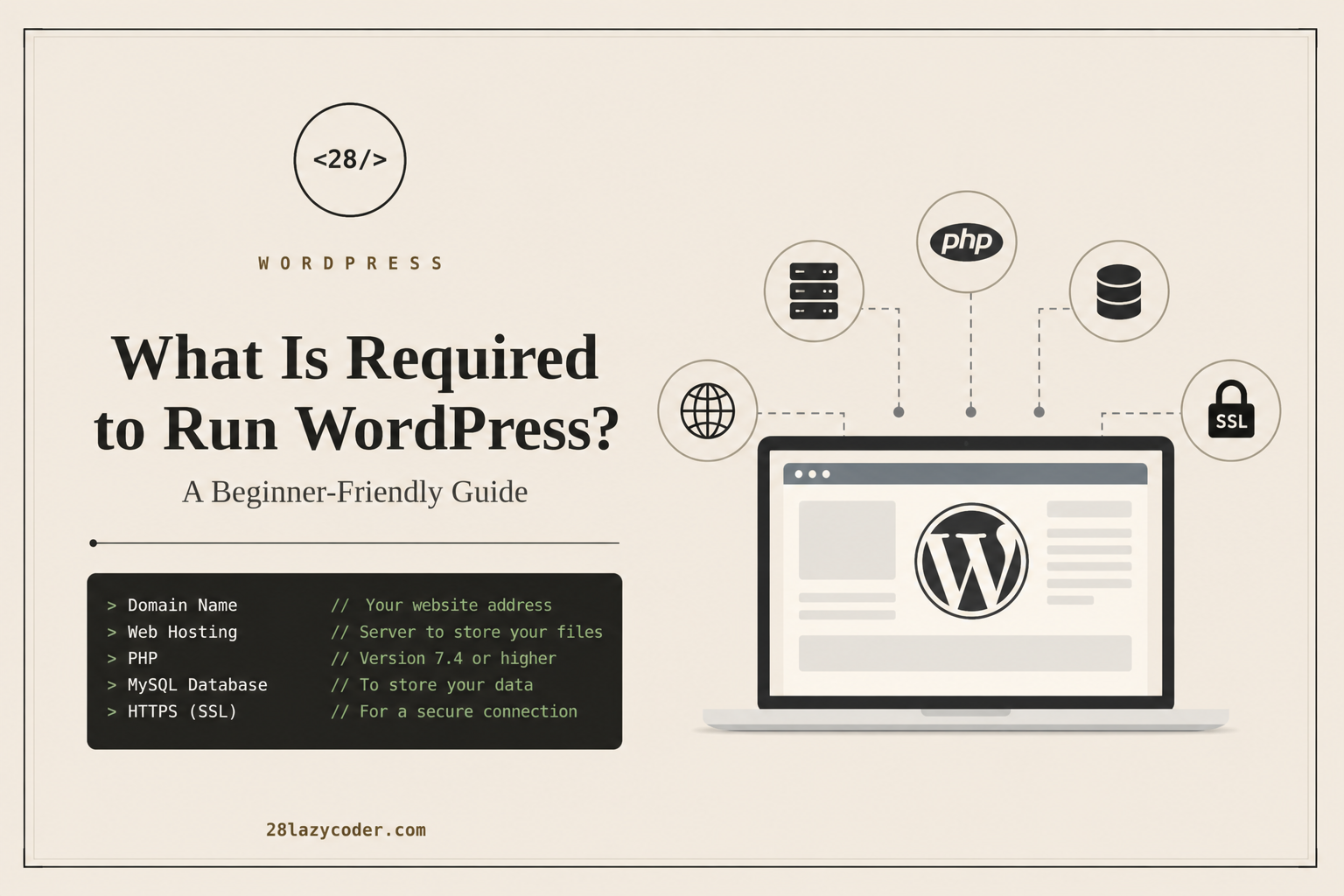 Learn everything you need to run a WordPress website, including hosting, domain, PHP, MySQL, SSL, and recommended server requirements for the best performance.