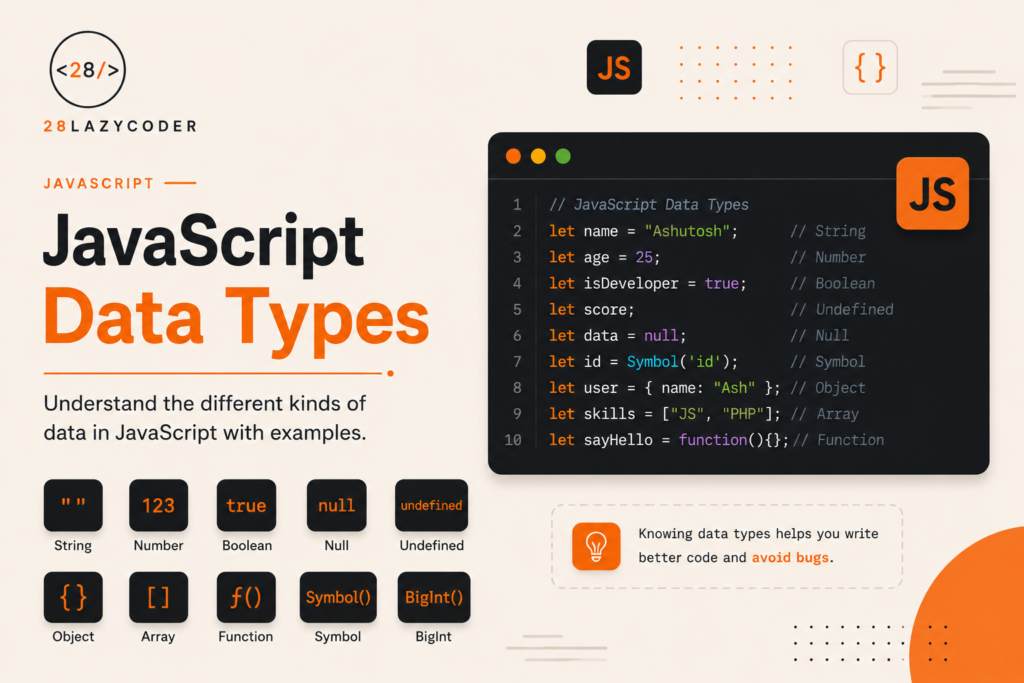 avaScript data type icons — string, number, boolean, object — with orange accents