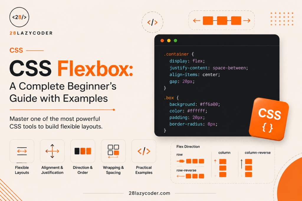 CSS Flexbox complete beginner's guide illustration with code editor