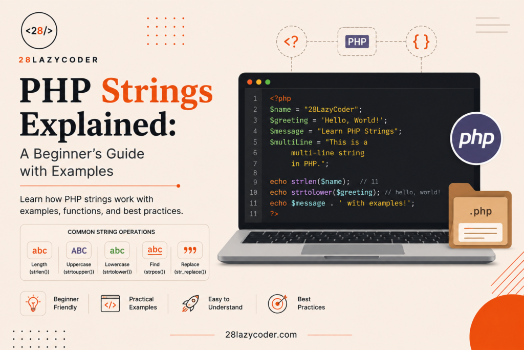 PHP Strings tutorial cover image showing code editor and text manipulation icons on 28LazyCoder